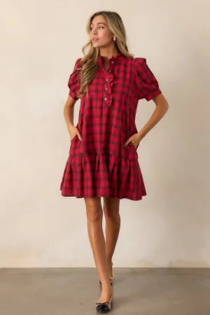 Warmth from Within Cotton Red Plaid Mini Dress