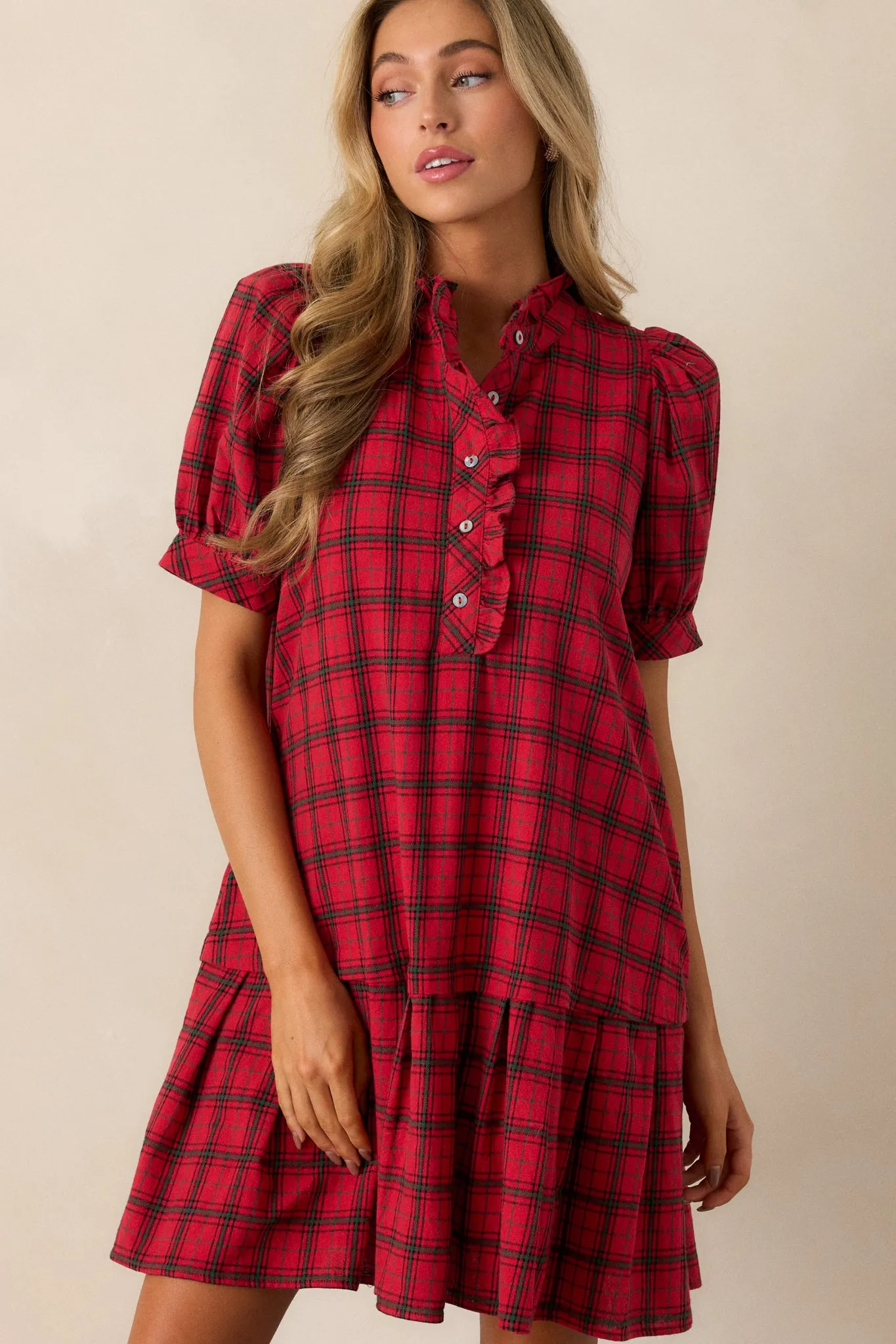 Warmth from Within Cotton Red Plaid Mini Dress