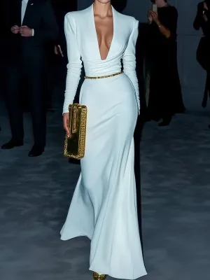White Glamour Gown with Plunging Neckline and Golden Accents