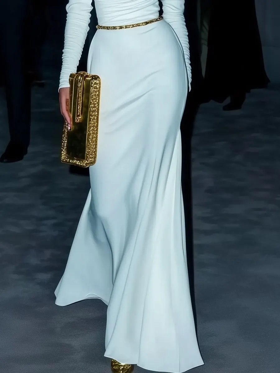 White Glamour Gown with Plunging Neckline and Golden Accents