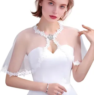 White Lace Shawl Wraps For Women Formal, Bolero Shrugs Shoulder Cover For Evening Dresses Formal, Wedding Bridal Cape Lace Cover Up Chiffon Scarf