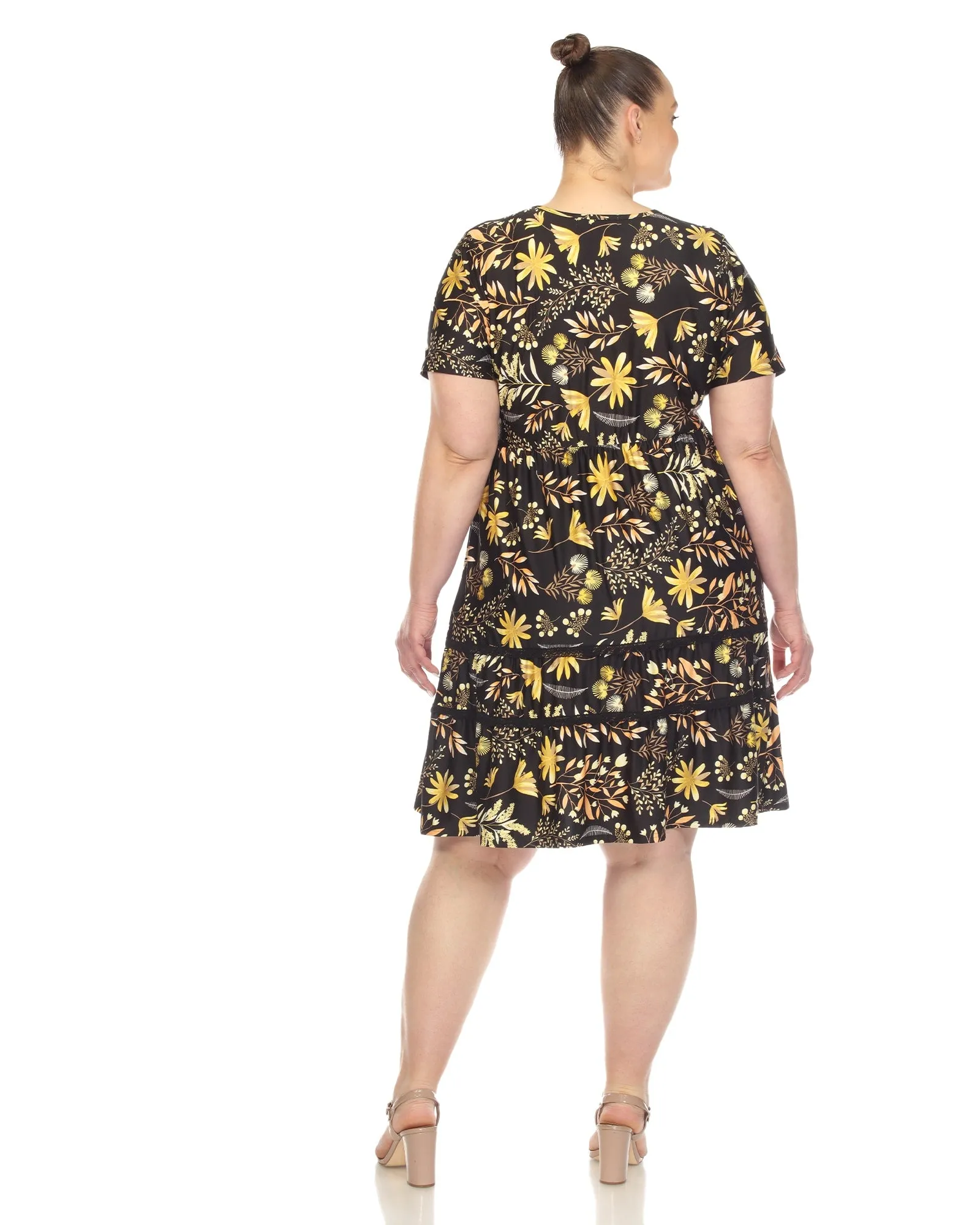 White Mark  Floral Short Sleeve Knee Length Dress | Black