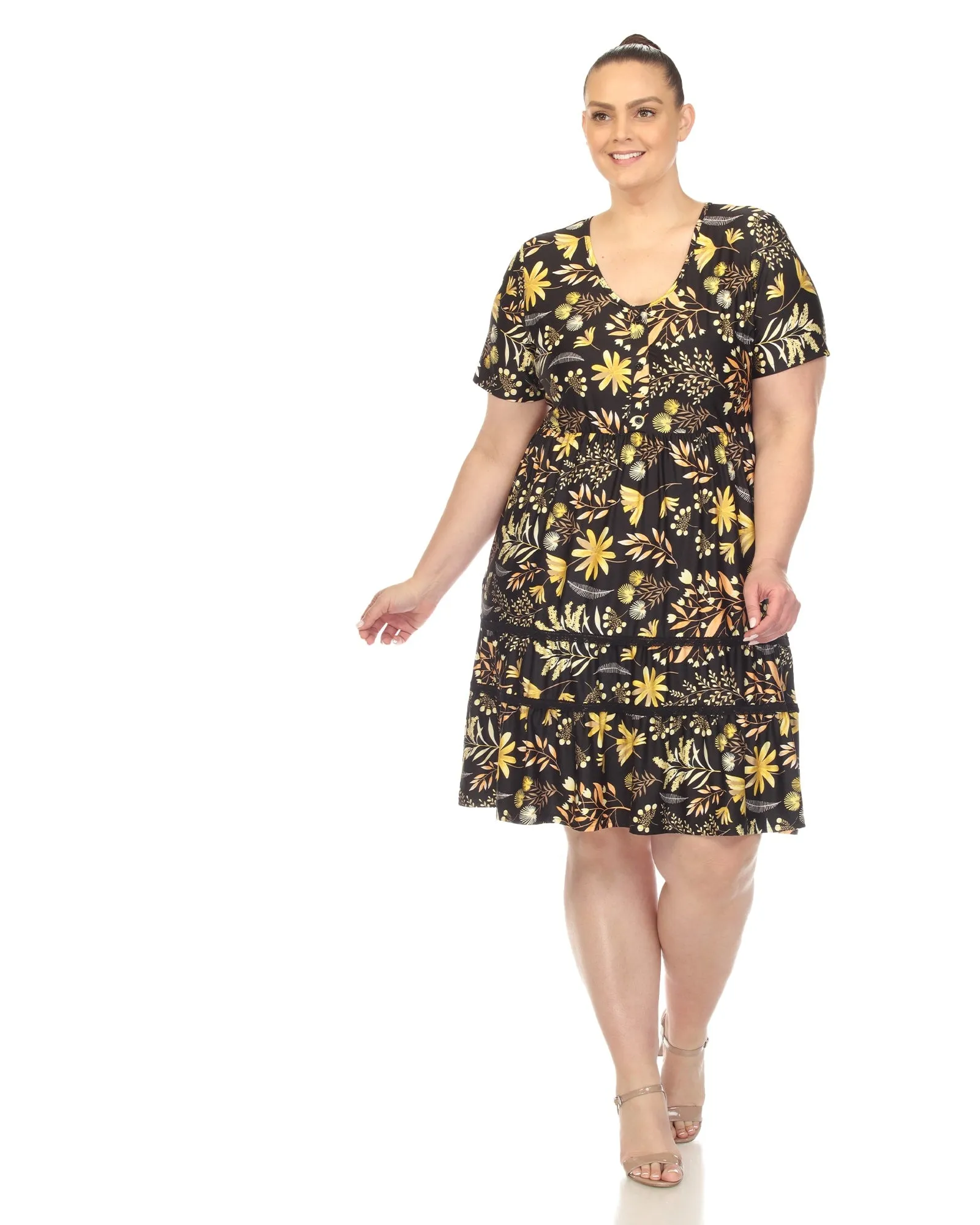 White Mark  Floral Short Sleeve Knee Length Dress | Black