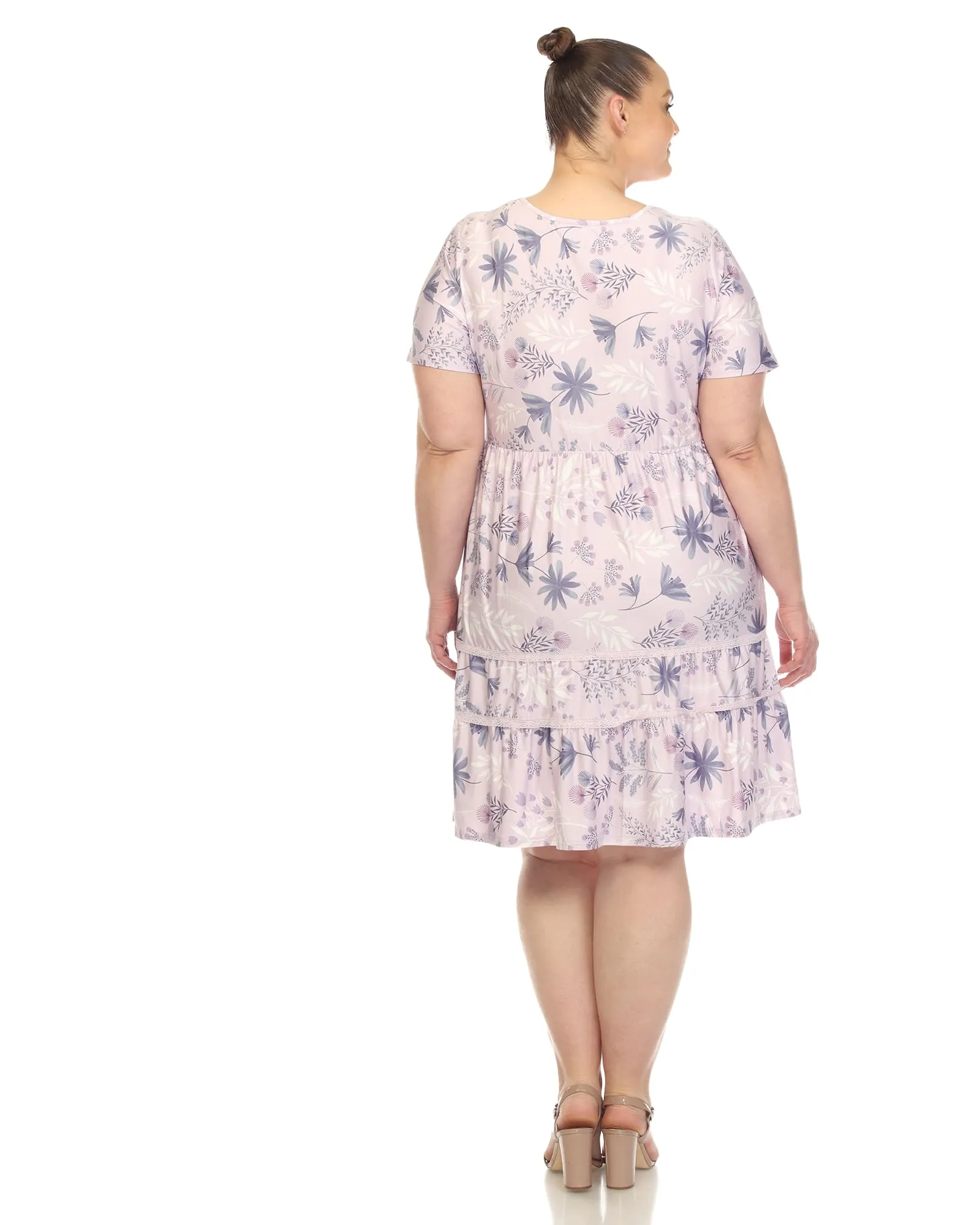 White Mark  Floral Short Sleeve Knee Length Dress | Lavender