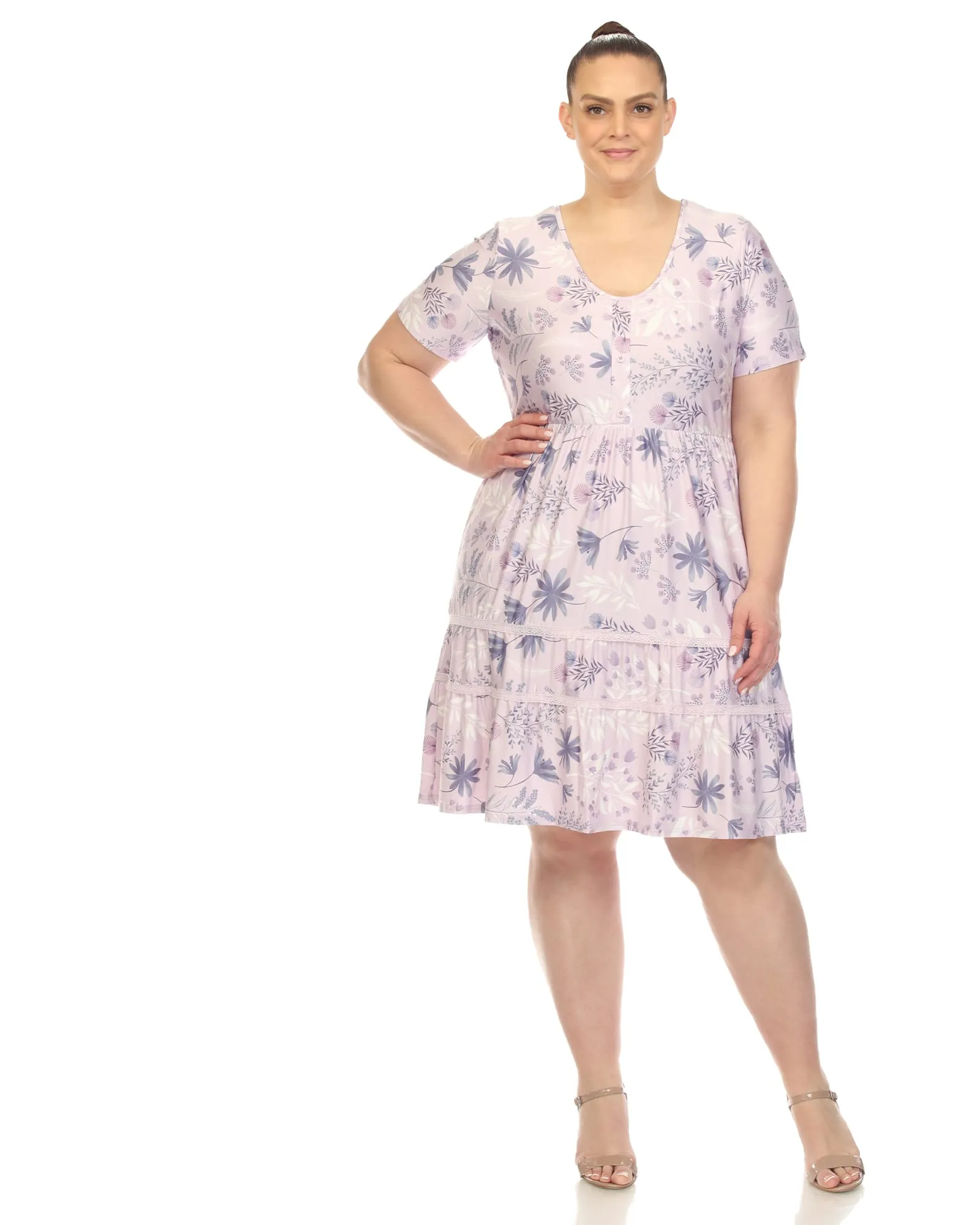 White Mark  Floral Short Sleeve Knee Length Dress | Lavender