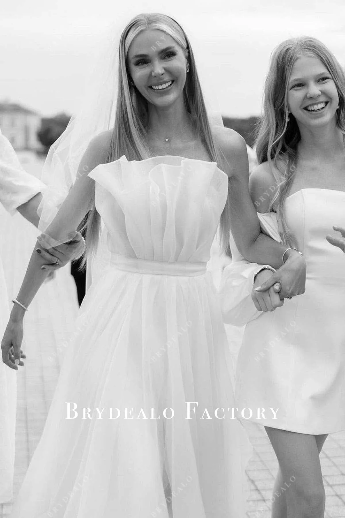 White Strapless Ruched Neckline Slit Floor Length Bridal Dress