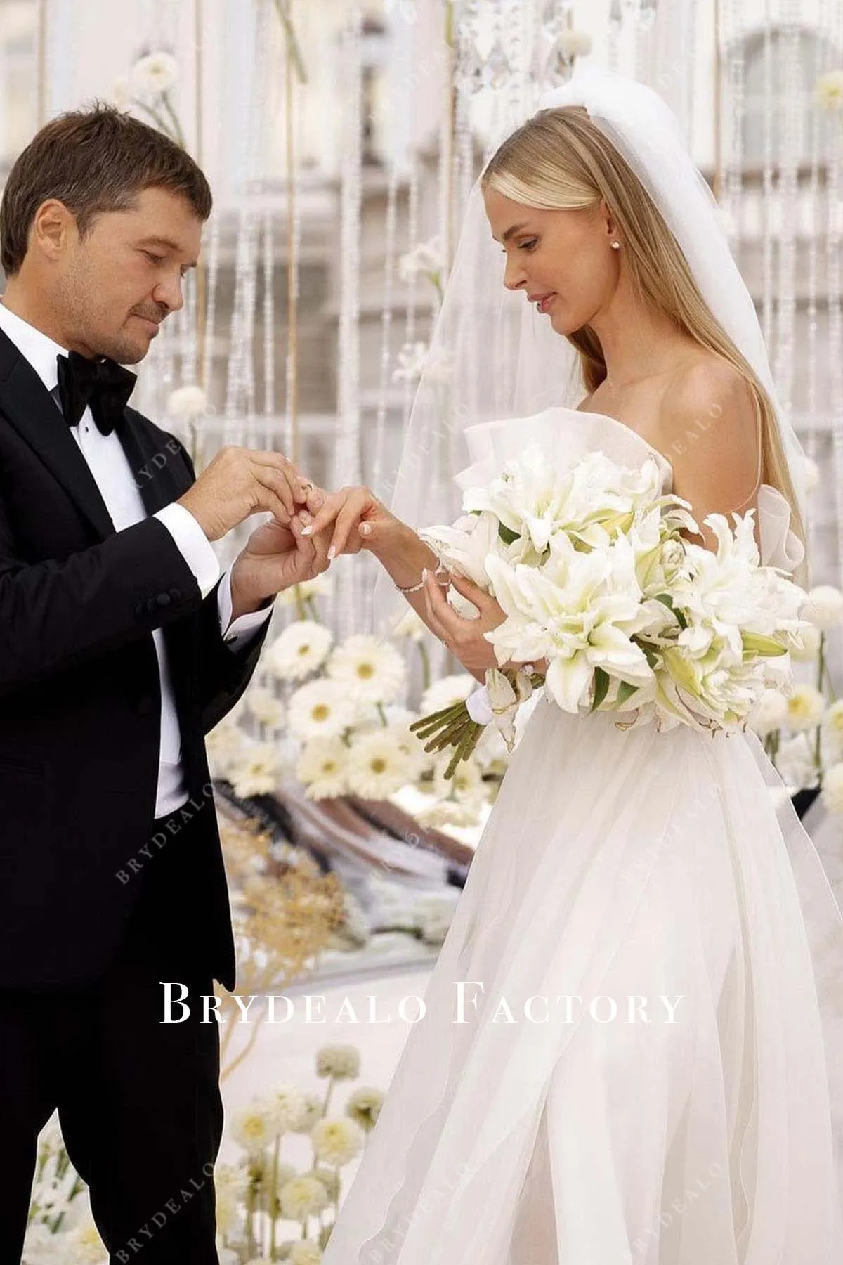 White Strapless Ruched Neckline Slit Floor Length Bridal Dress