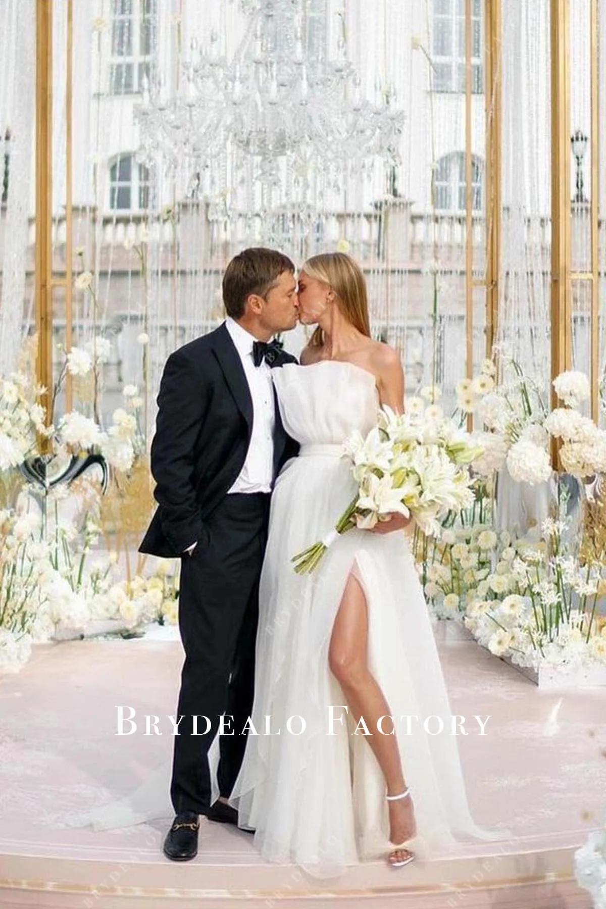 White Strapless Ruched Neckline Slit Floor Length Bridal Dress