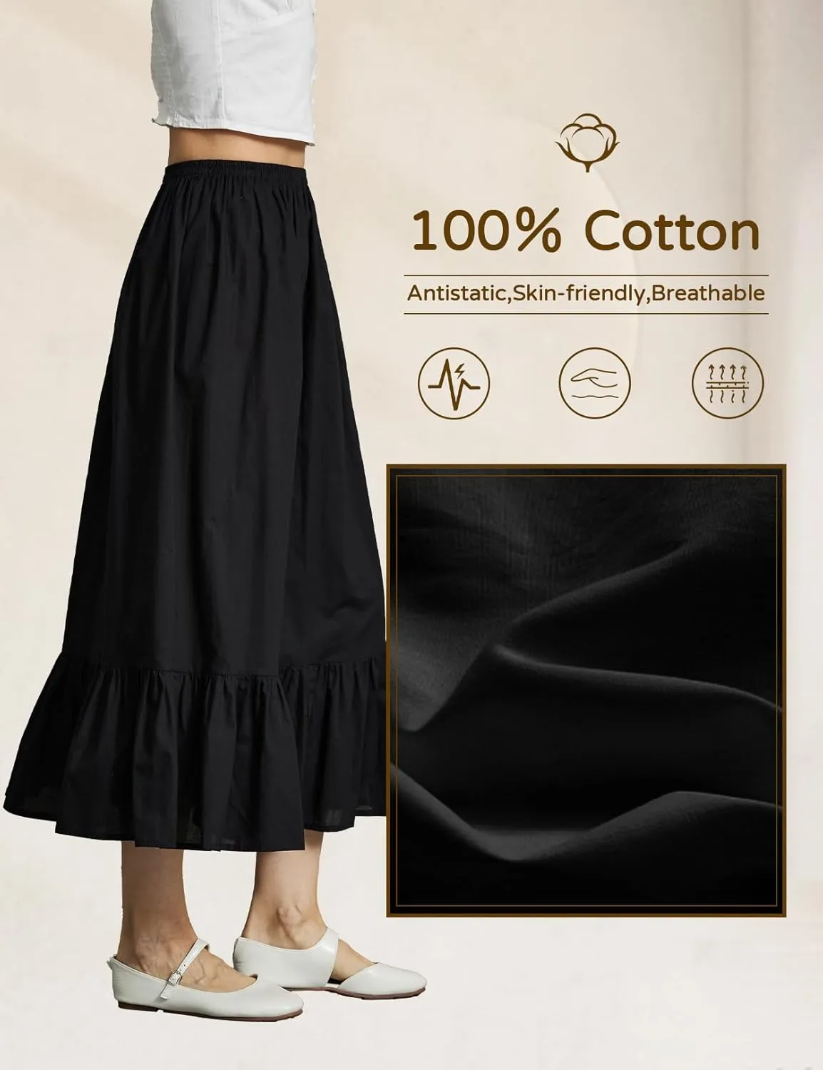 Women 100% Cotton Half Slip Dress for Under Dresses Long Underskirt Non Cling