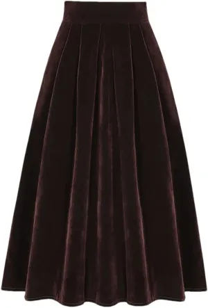 Women Autumn Winter Skirt Pockets Black A-Line Vintage High Waist Long Midi Fleece Skirt