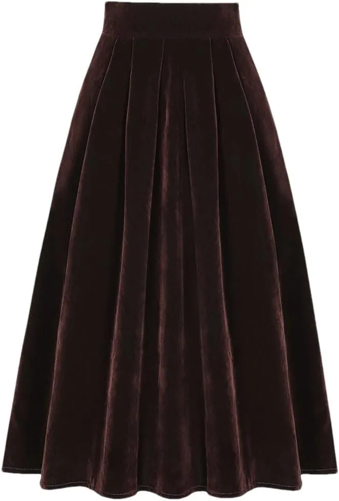 Women Autumn Winter Skirt Pockets Black A-Line Vintage High Waist Long Midi Fleece Skirt