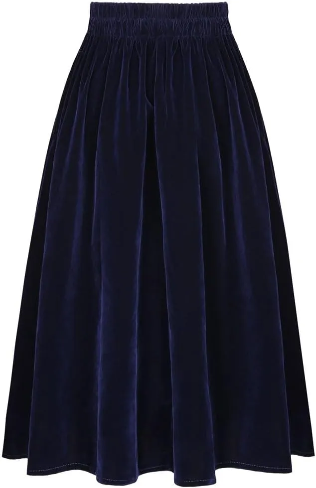 Women Autumn Winter Skirt Pockets Black A-Line Vintage High Waist Long Midi Fleece Skirt