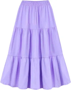 Women Boho Maxi Skirts Solid Elastic Waist Ruffle Tiered Skirt Flowy Swing A-Line Skirt Trendy Pleated Beach Dress