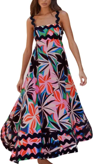 Women Boho Summer Dresses Vacation Spaghetti Strap Backless Trim Tiered A-Line Long Sundress Wedding Guest Dresses