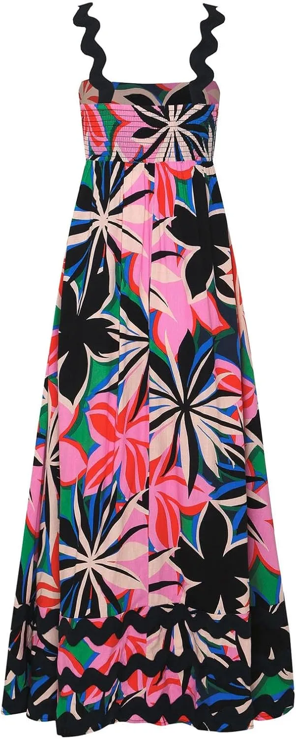 Women Boho Summer Dresses Vacation Spaghetti Strap Backless Trim Tiered A-Line Long Sundress Wedding Guest Dresses