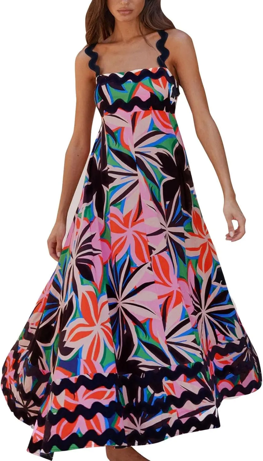 Women Boho Summer Dresses Vacation Spaghetti Strap Backless Trim Tiered A-Line Long Sundress Wedding Guest Dresses
