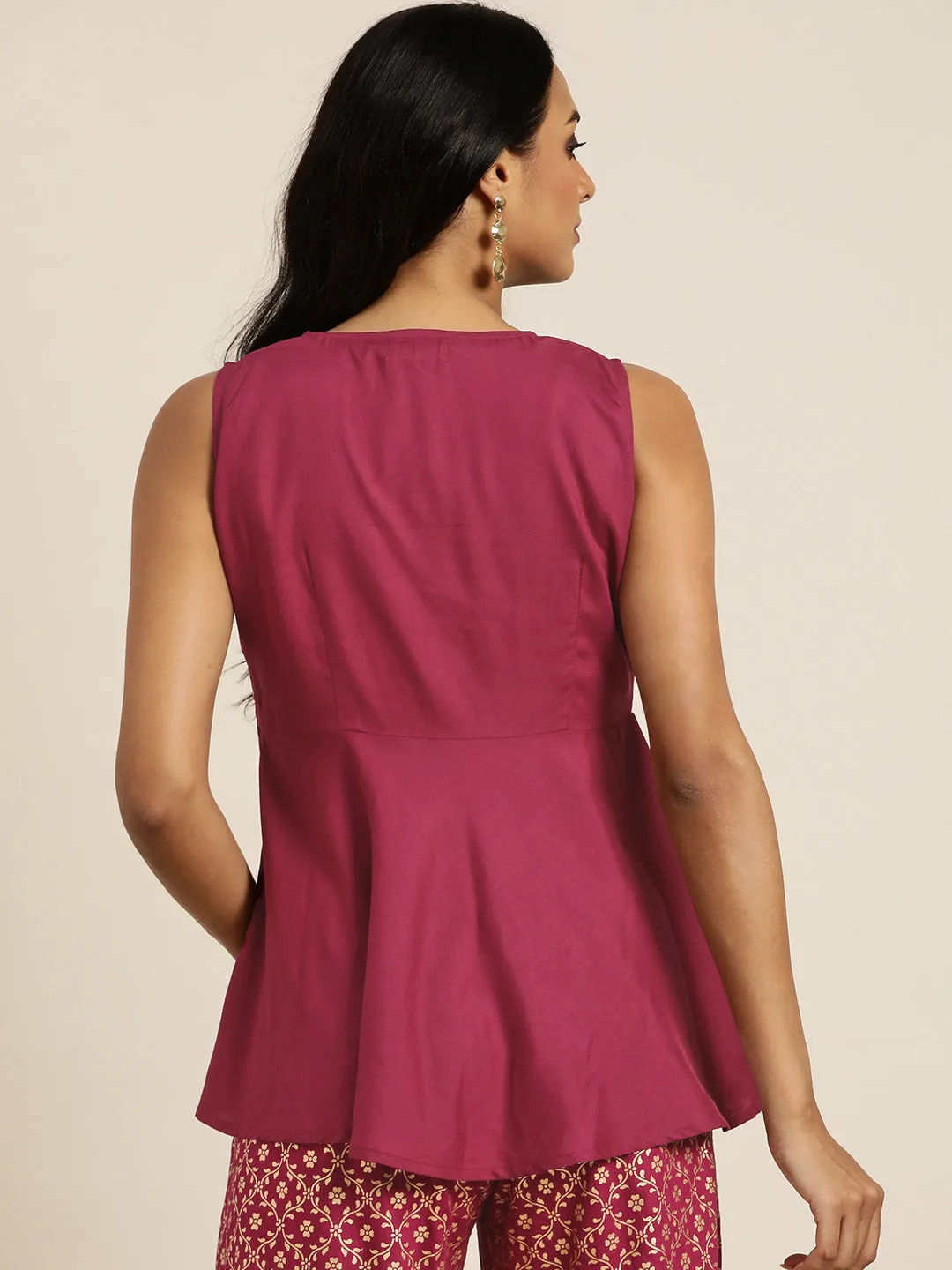 Women Burgundy Embroidered Liva Peplum Top