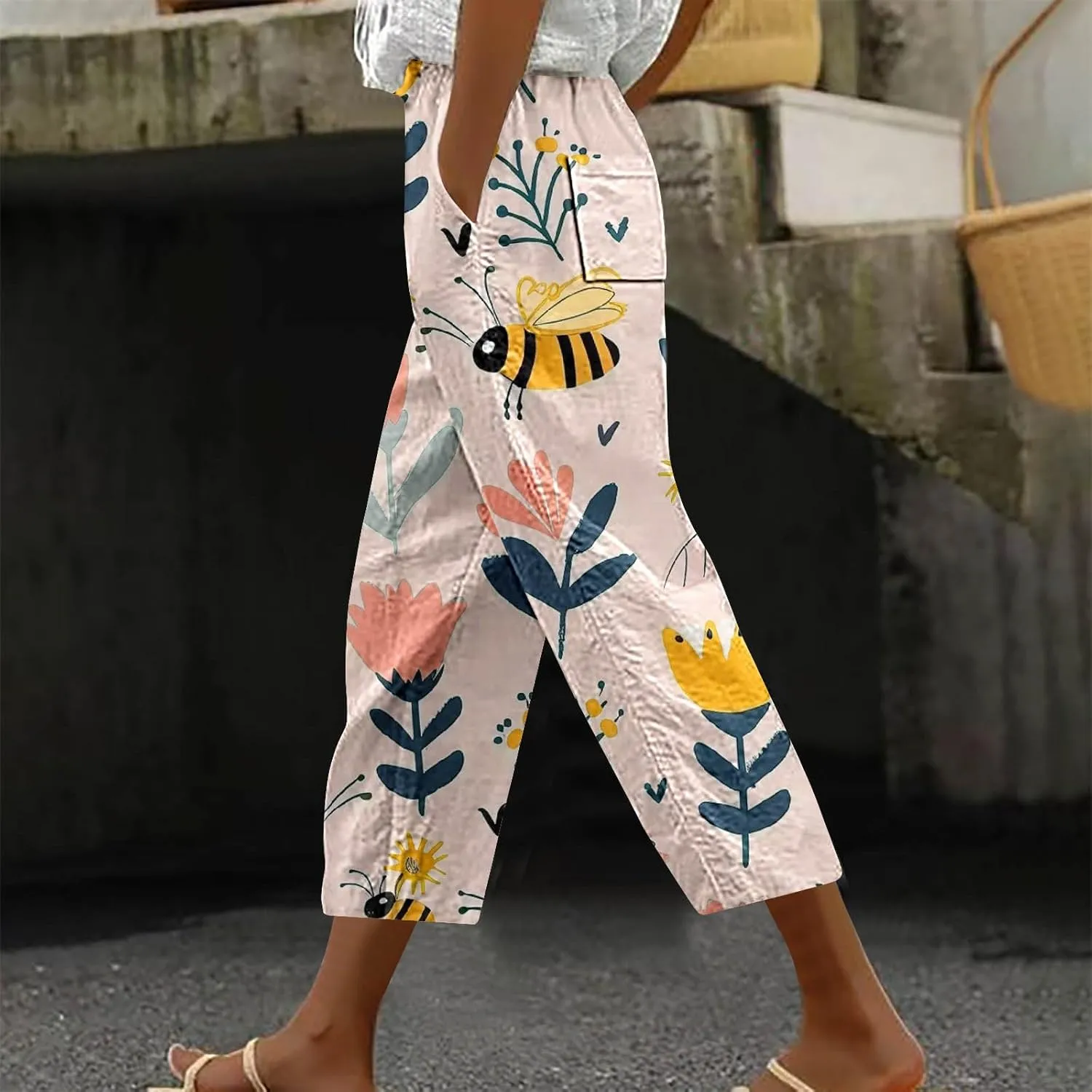 Women Capri Pants Comfy Elastic High Waist Capris Drawstring Wide Leg Trouser Casual 2025 Comfy Pant with Pockets