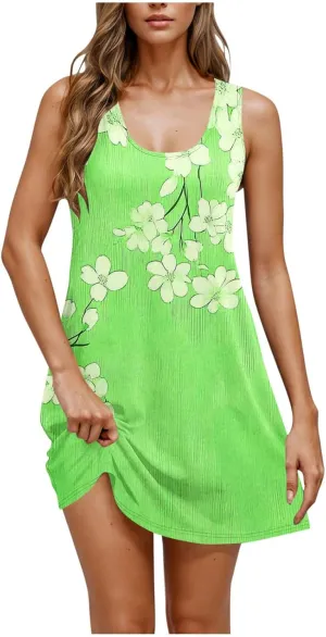 Women Casual Summer Tunic Dresses 2025 Boho Sleeveless Sundresses Vacation Travel Beach Floral T Shirt Tank Mini Dress