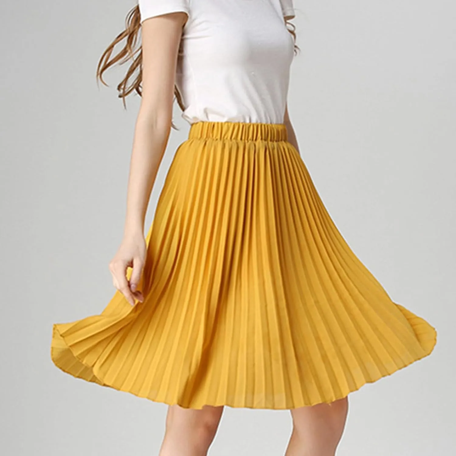 Women Chiffon Pleated Skirt Vintage High Waist Tutu Skirts Summer Midi Skirt