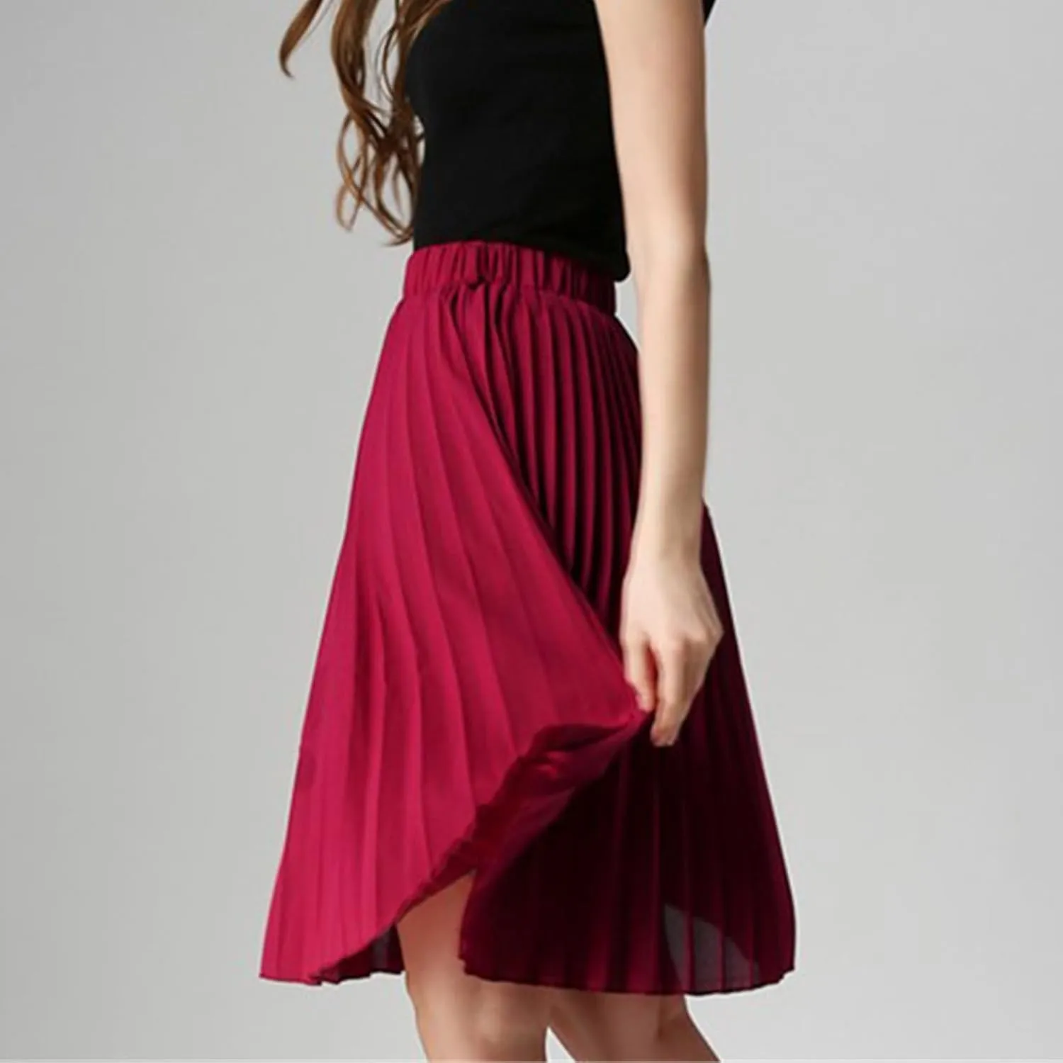 Women Chiffon Pleated Skirt Vintage High Waist Tutu Skirts Summer Midi Skirt