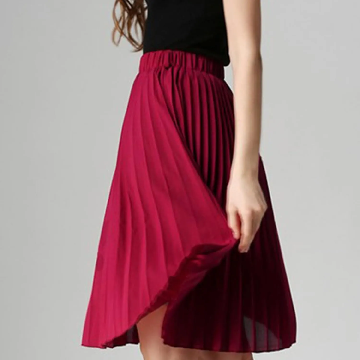 Women Chiffon Pleated Skirt Vintage High Waist Tutu Skirts Summer Midi Skirt