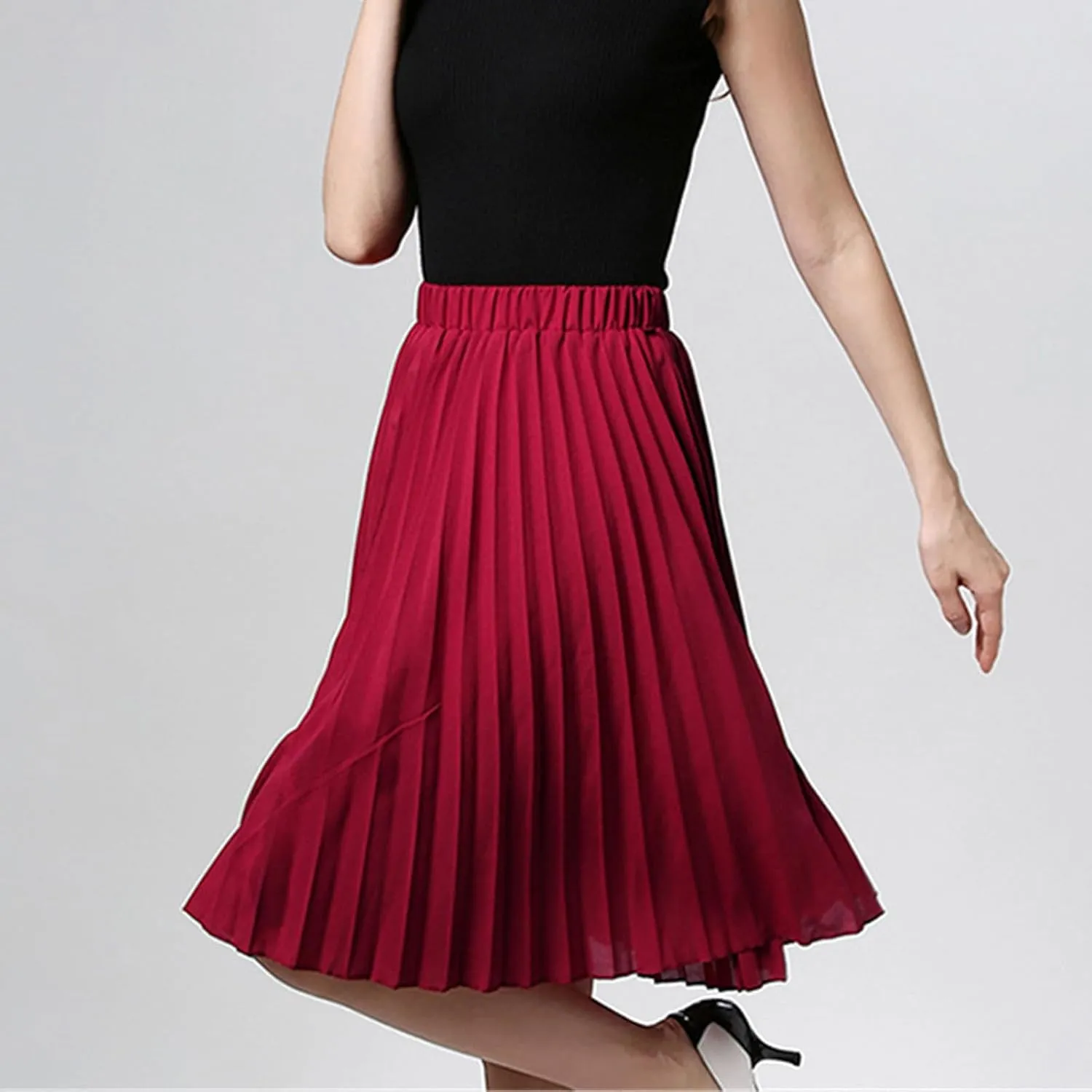 Women Chiffon Pleated Skirt Vintage High Waist Tutu Skirts Summer Midi Skirt