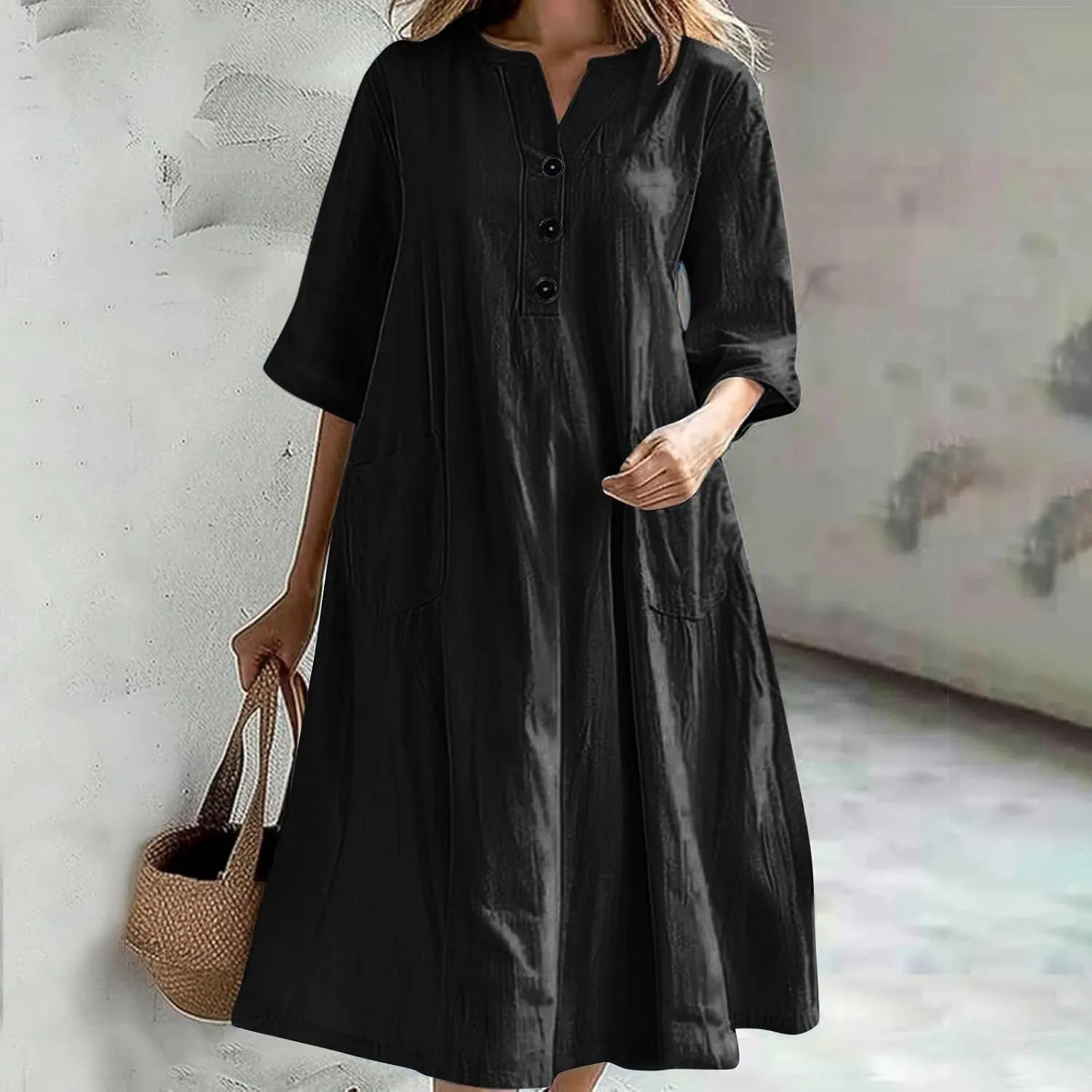 Women Cotton Linen Dresses 2025 Button Front V Neck Summer Midi Dress Half Sleeve Plus Size Beach Vacation Sundress