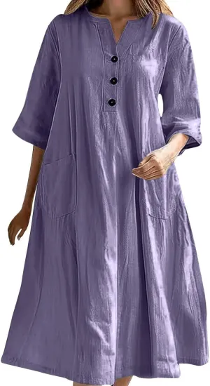 Women Cotton Linen Dresses 2025 Button Front V Neck Summer Midi Dress Half Sleeve Plus Size Beach Vacation Sundress
