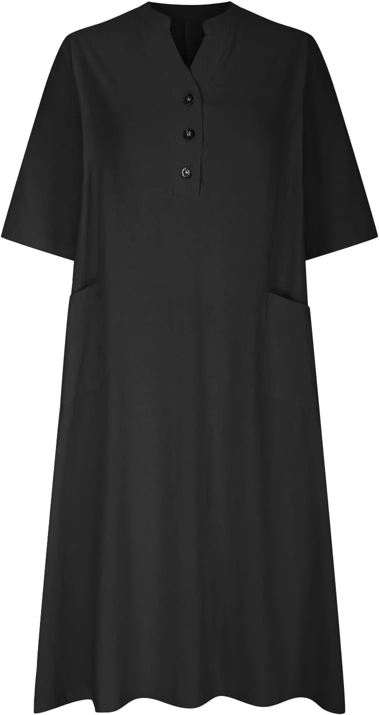 Women Cotton Linen Dresses 2025 Button Front V Neck Summer Midi Dress Half Sleeve Plus Size Beach Vacation Sundress