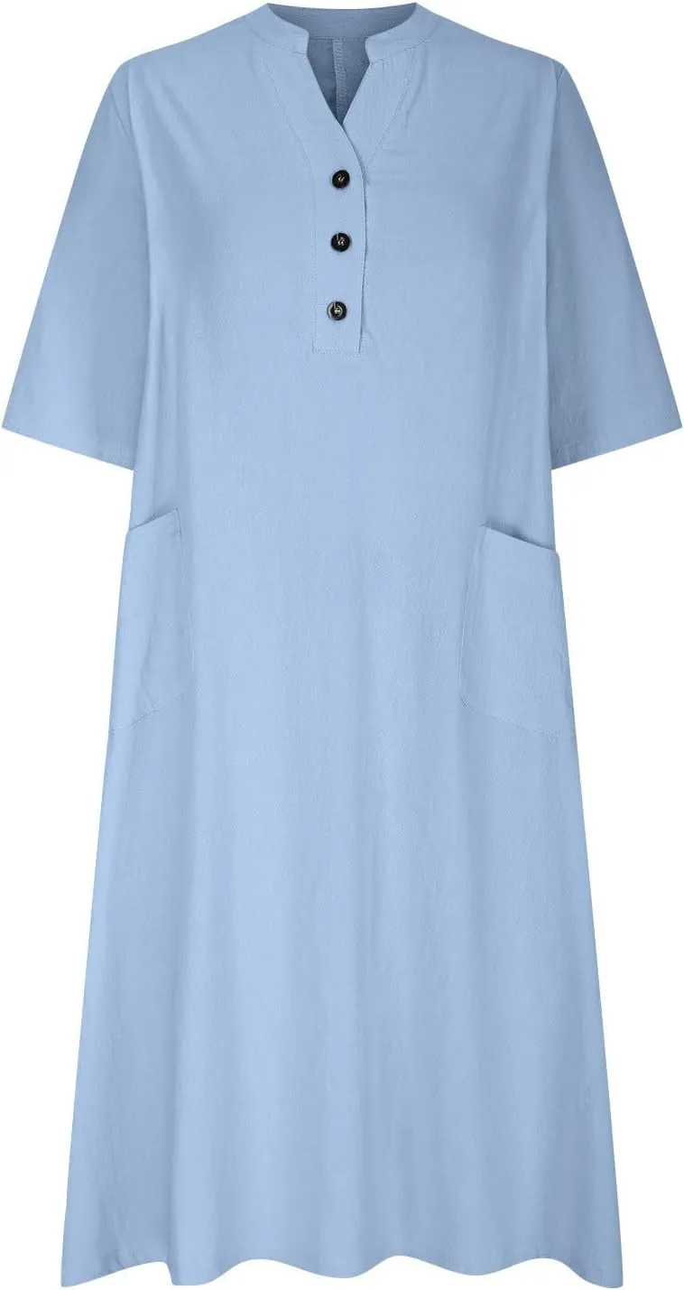 Women Cotton Linen Dresses 2025 Button Front V Neck Summer Midi Dress Half Sleeve Plus Size Beach Vacation Sundress