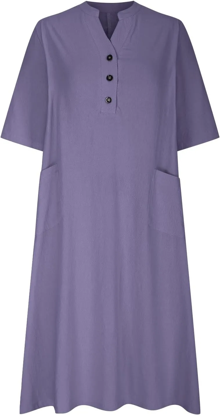 Women Cotton Linen Dresses 2025 Button Front V Neck Summer Midi Dress Half Sleeve Plus Size Beach Vacation Sundress