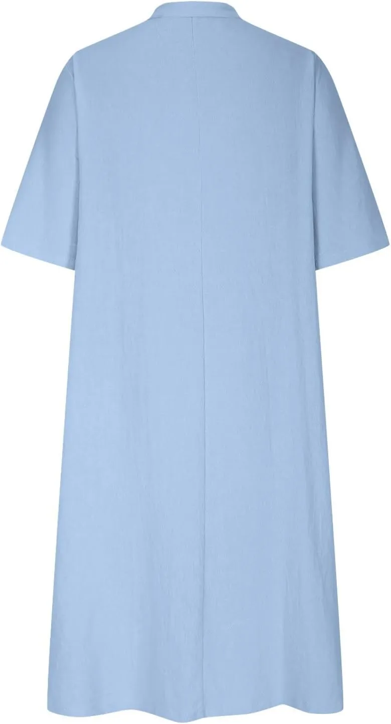 Women Cotton Linen Dresses 2025 Button Front V Neck Summer Midi Dress Half Sleeve Plus Size Beach Vacation Sundress