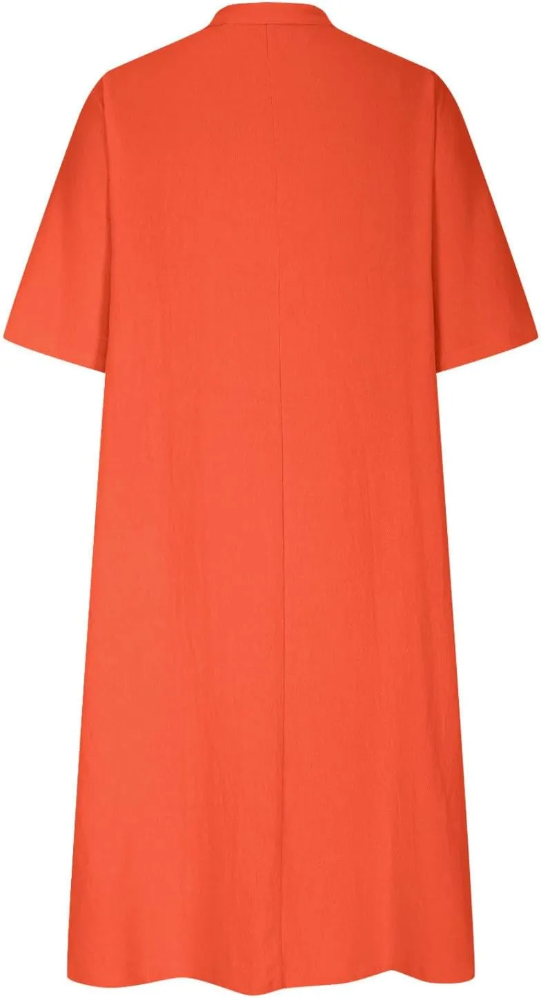 Women Cotton Linen Dresses 2025 Button Front V Neck Summer Midi Dress Half Sleeve Plus Size Beach Vacation Sundress