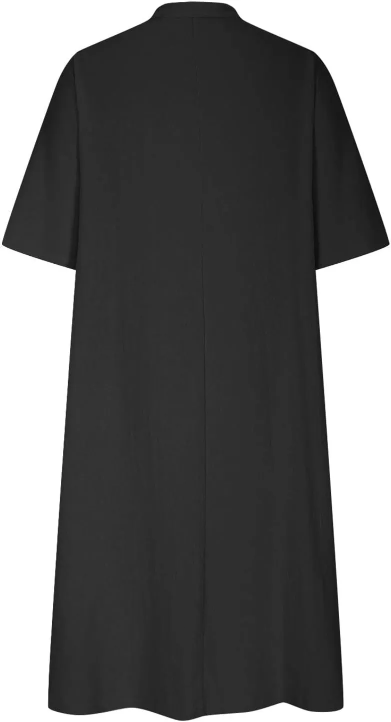 Women Cotton Linen Dresses 2025 Button Front V Neck Summer Midi Dress Half Sleeve Plus Size Beach Vacation Sundress