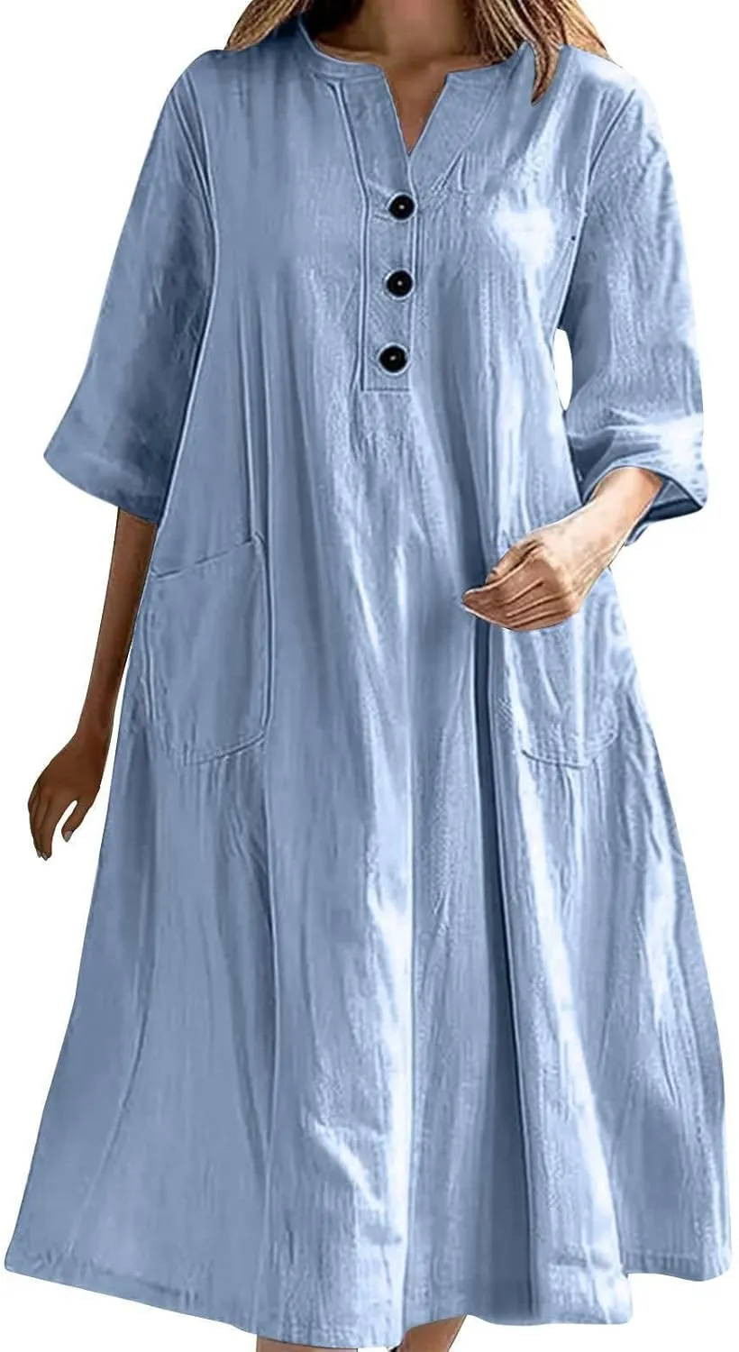 Women Cotton Linen Dresses 2025 Button Front V Neck Summer Midi Dress Half Sleeve Plus Size Beach Vacation Sundress