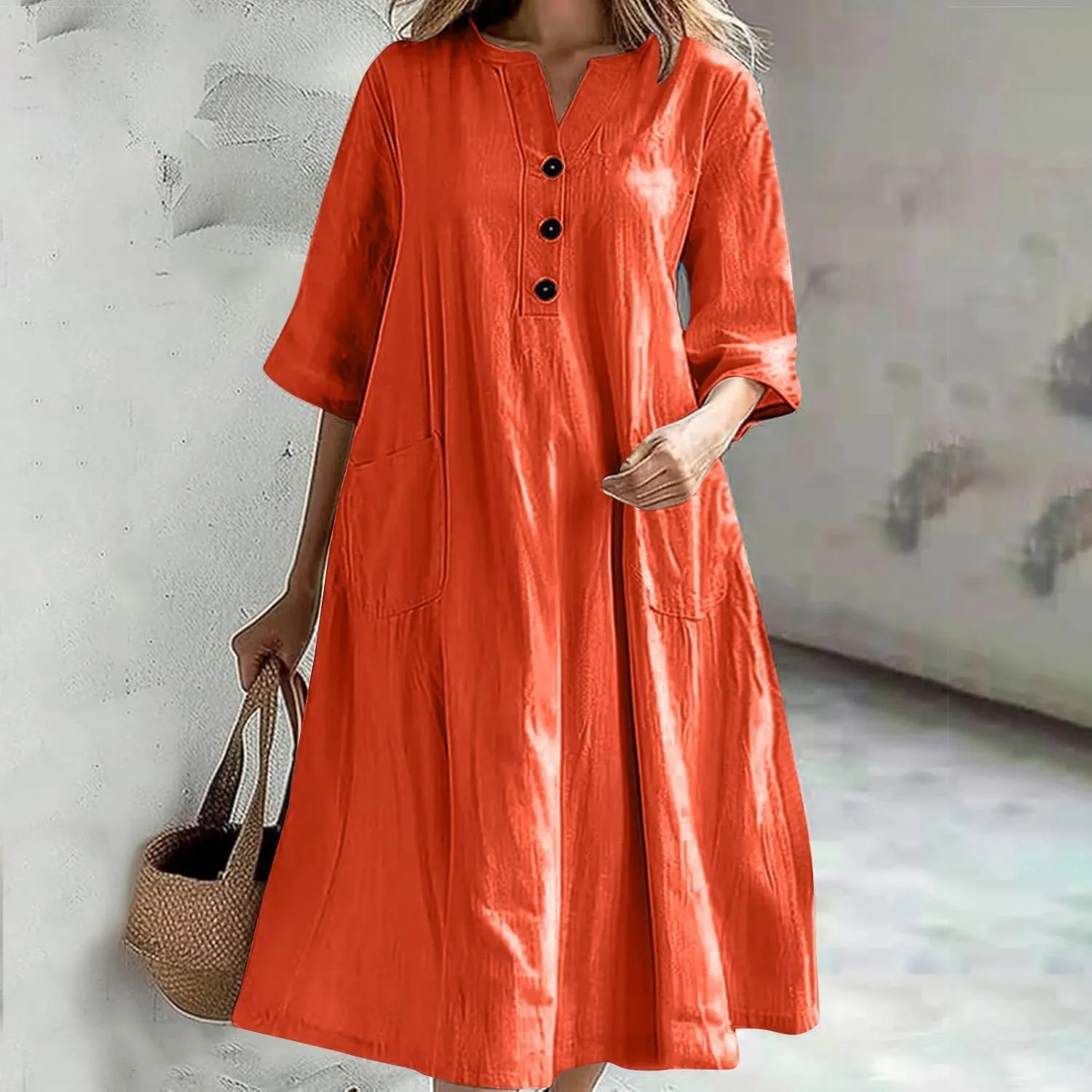 Women Cotton Linen Dresses 2025 Button Front V Neck Summer Midi Dress Half Sleeve Plus Size Beach Vacation Sundress