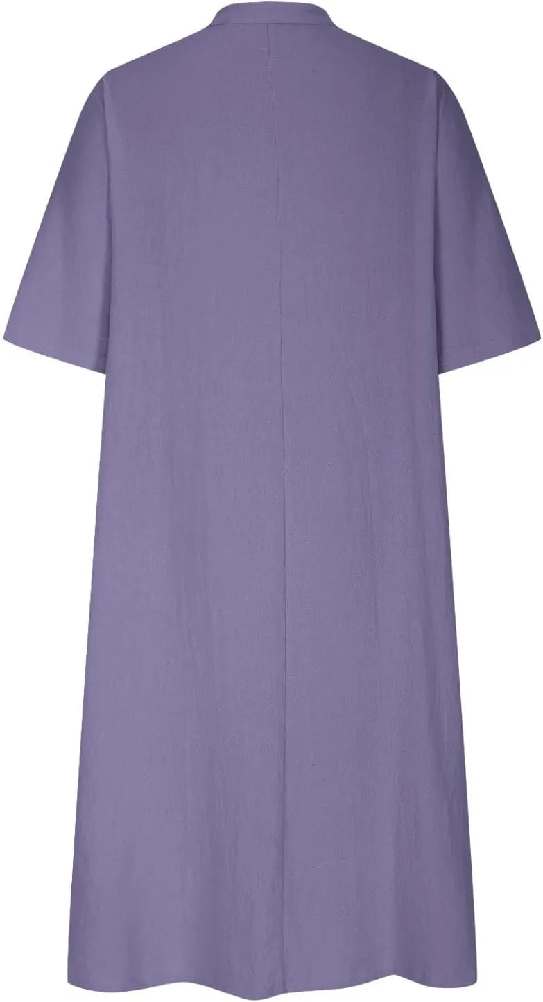 Women Cotton Linen Dresses 2025 Button Front V Neck Summer Midi Dress Half Sleeve Plus Size Beach Vacation Sundress