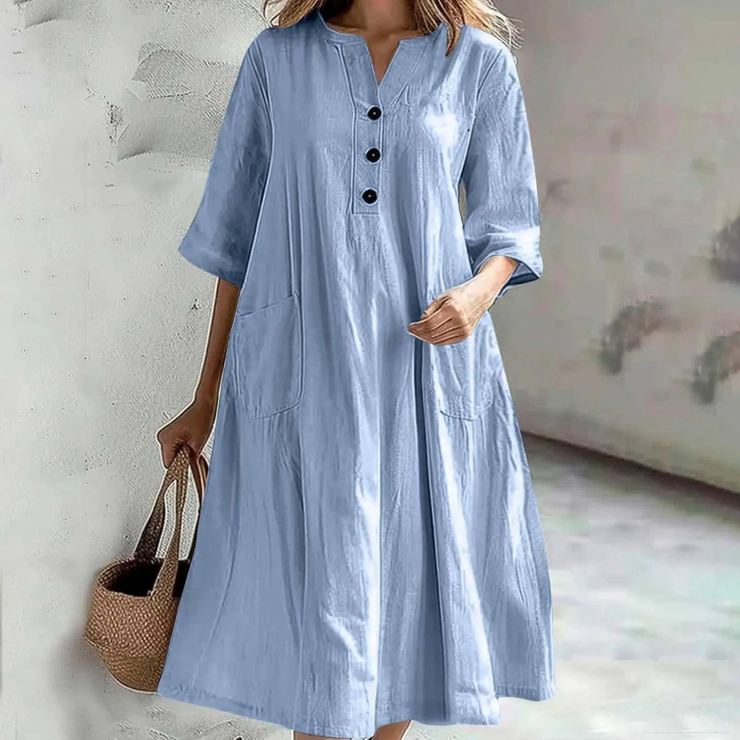 Women Cotton Linen Dresses 2025 Button Front V Neck Summer Midi Dress Half Sleeve Plus Size Beach Vacation Sundress
