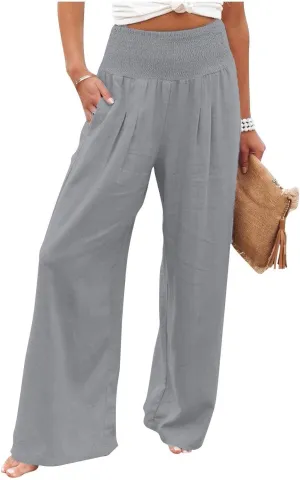 Women Linen Pants Summer Wide Leg High Waist Casual Trousers Elastic Drawstring Beach Lounge Pants with Pockets