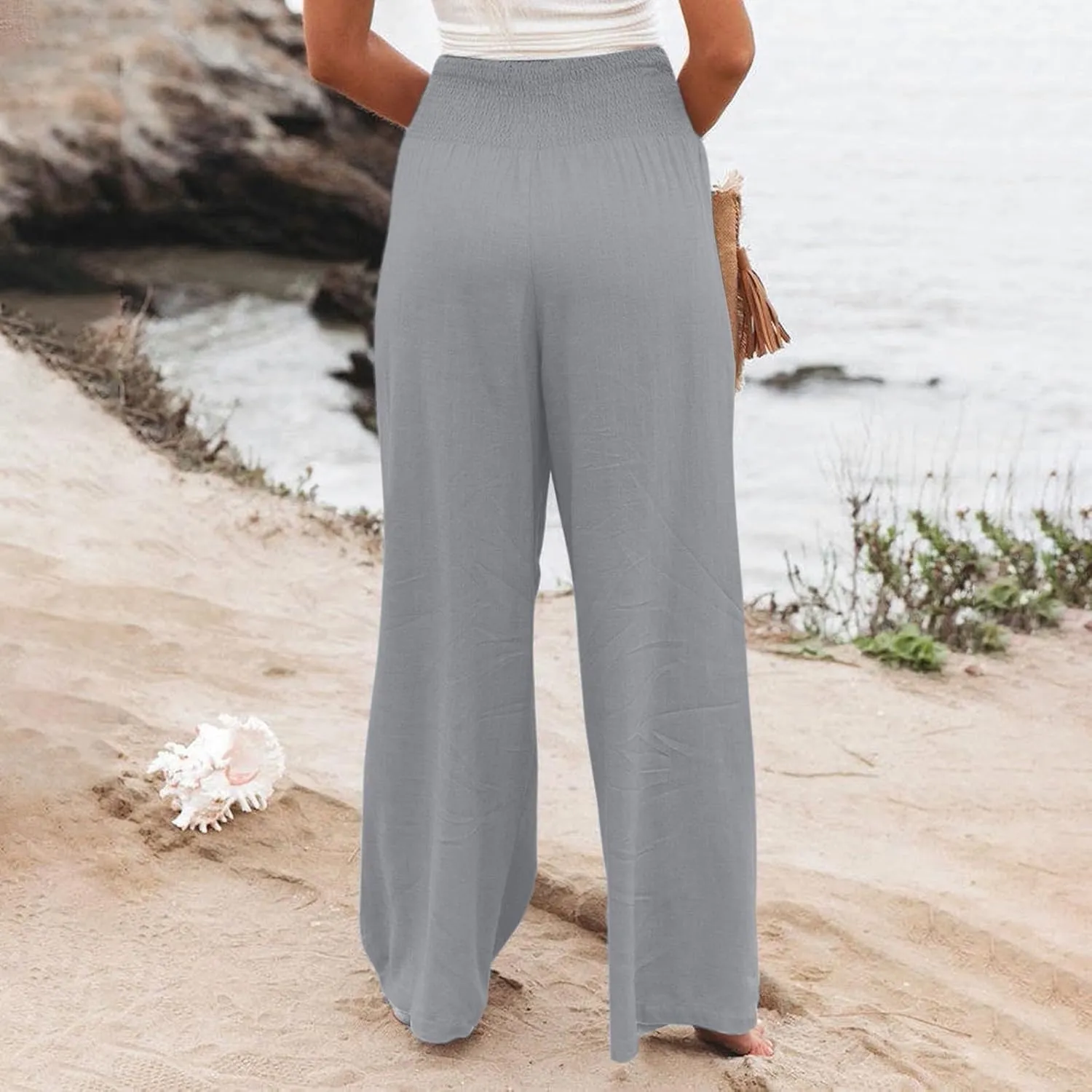 Women Linen Pants Summer Wide Leg High Waist Casual Trousers Elastic Drawstring Beach Lounge Pants with Pockets