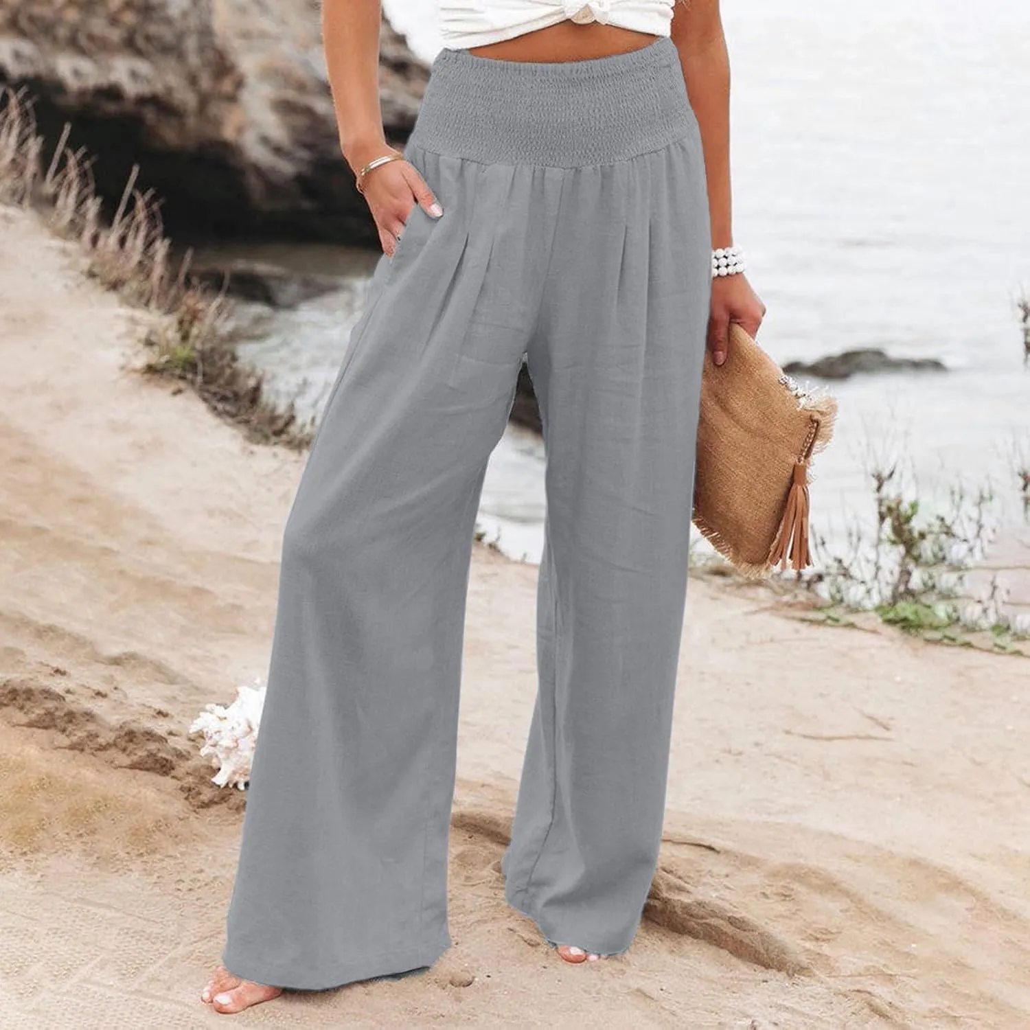 Women Linen Pants Summer Wide Leg High Waist Casual Trousers Elastic Drawstring Beach Lounge Pants with Pockets