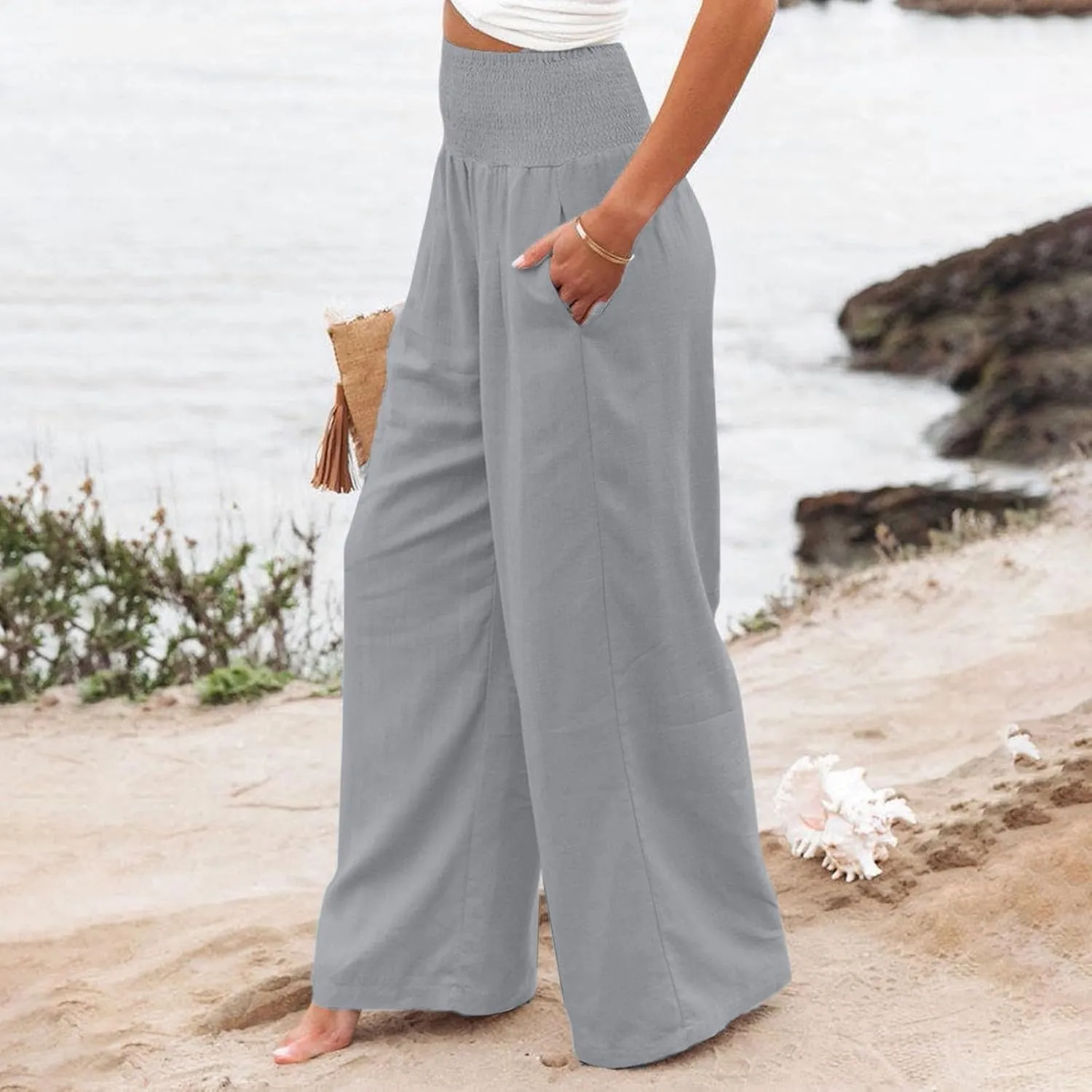 Women Linen Pants Summer Wide Leg High Waist Casual Trousers Elastic Drawstring Beach Lounge Pants with Pockets