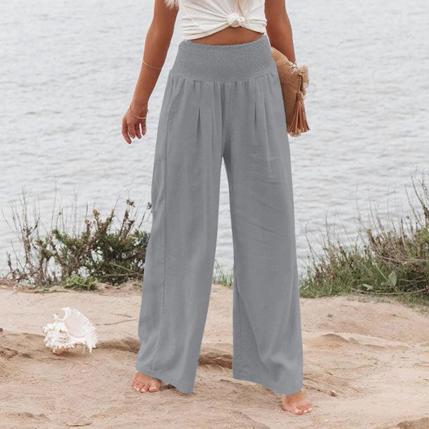 Women Linen Pants Summer Wide Leg High Waist Casual Trousers Elastic Drawstring Beach Lounge Pants with Pockets