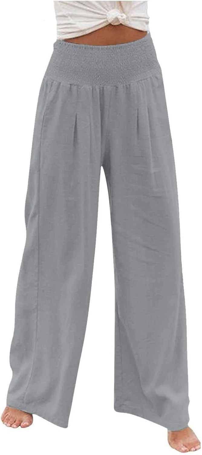 Women Linen Pants Summer Wide Leg High Waist Casual Trousers Elastic Drawstring Beach Lounge Pants with Pockets