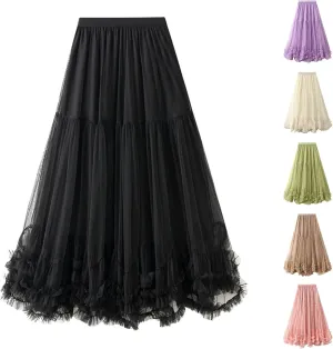Women Maxi Tutu Tulle Skirt Elastic High Waist Layered Skirt Mesh A-Line Midi Skirt Pleated Cocktail Party Skirts