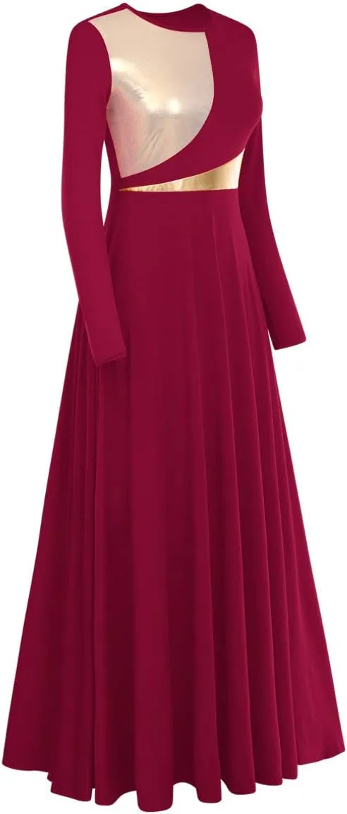 Women Metallic Bi Color Liturgical Praise Dance Dress Long Sleeve Lyrical Dancewear Church Maxi Robe Worship Costume