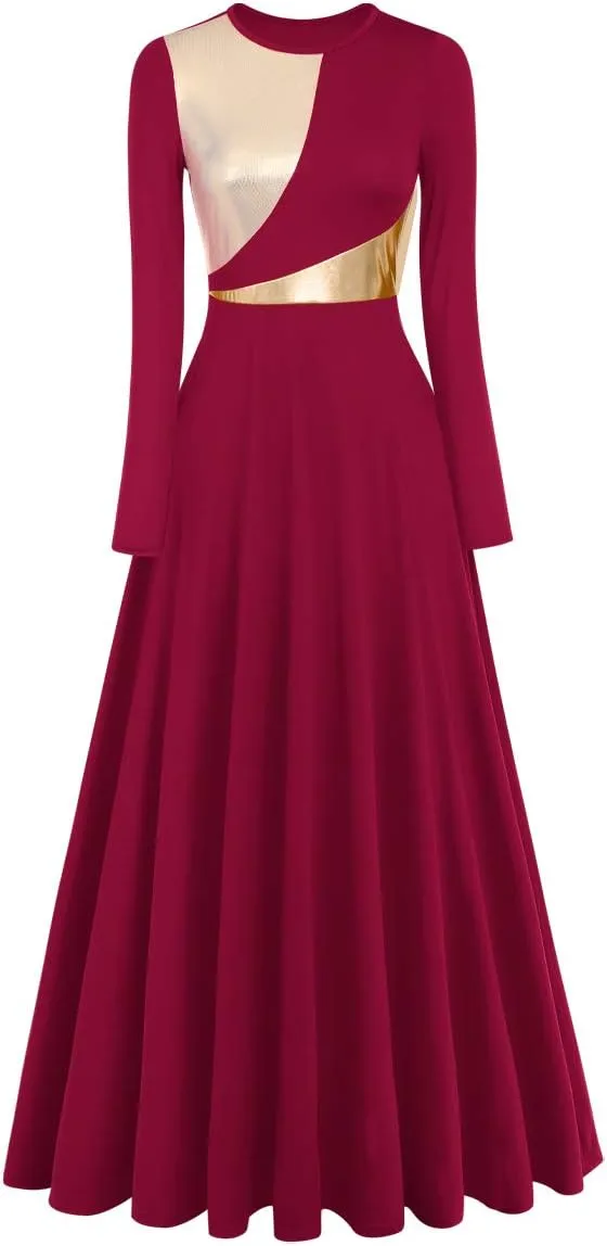 Women Metallic Bi Color Liturgical Praise Dance Dress Long Sleeve Lyrical Dancewear Church Maxi Robe Worship Costume