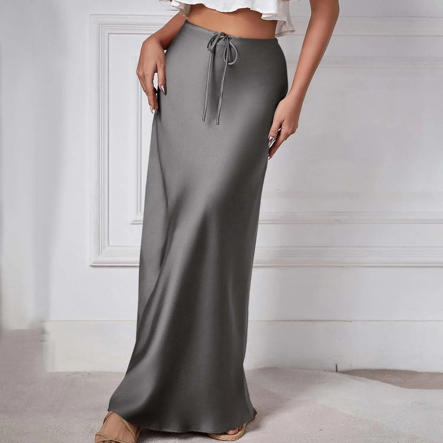 Women Satin Bodycon Midi Skirt Lace-Up High Waist Solid Pencil Skirts Spring Summer Elegant Prom Party Long Skirt