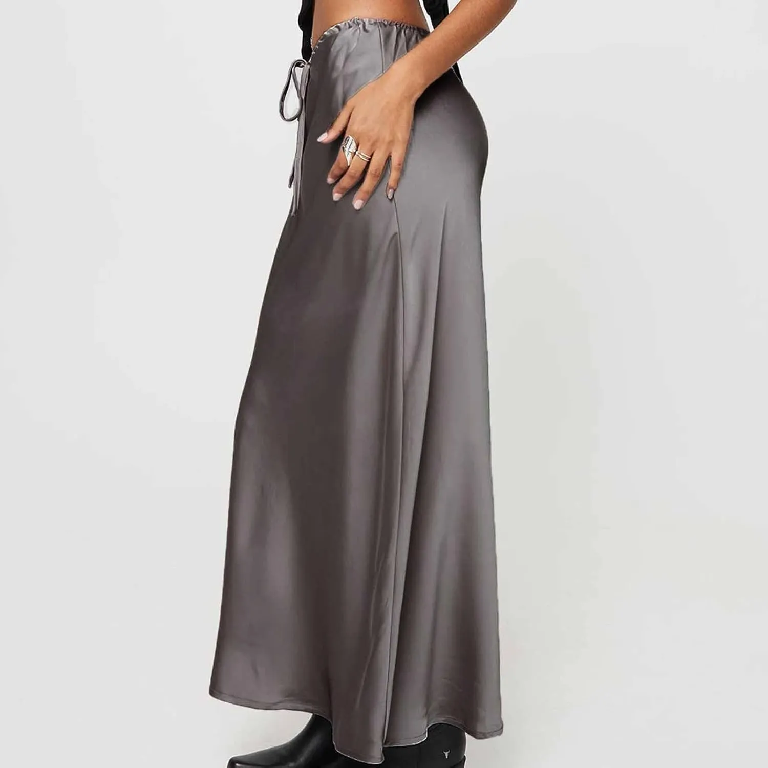 Women Satin Bodycon Midi Skirt Lace-Up High Waist Solid Pencil Skirts Spring Summer Elegant Prom Party Long Skirt